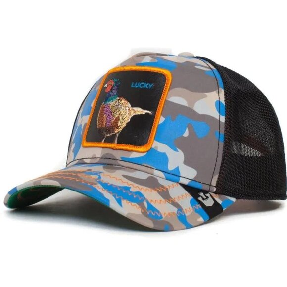 NWT Limited Edition Goorin Bros Luck Stays Down Blue Tan Camo Trucker Hat Unisex - Picture 2 of 13